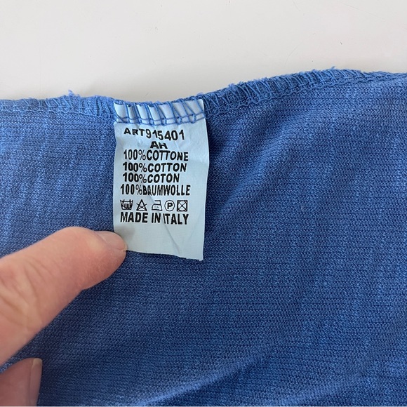 Made in Italy Blue Cotton Tank Frayed Edge Trim Soft Stretch Minimalist Top - Picture 4 of 7